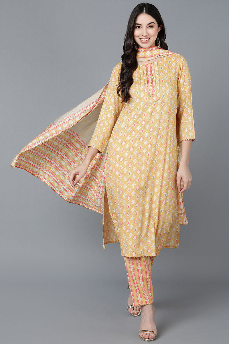Ahika Women Yellow Cotton Printed Kurta Trousers With Dupatta