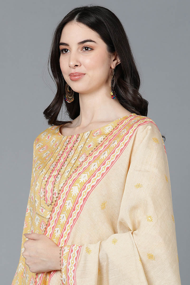 Ahika Women Yellow Cotton Printed Kurta Trousers With Dupatta