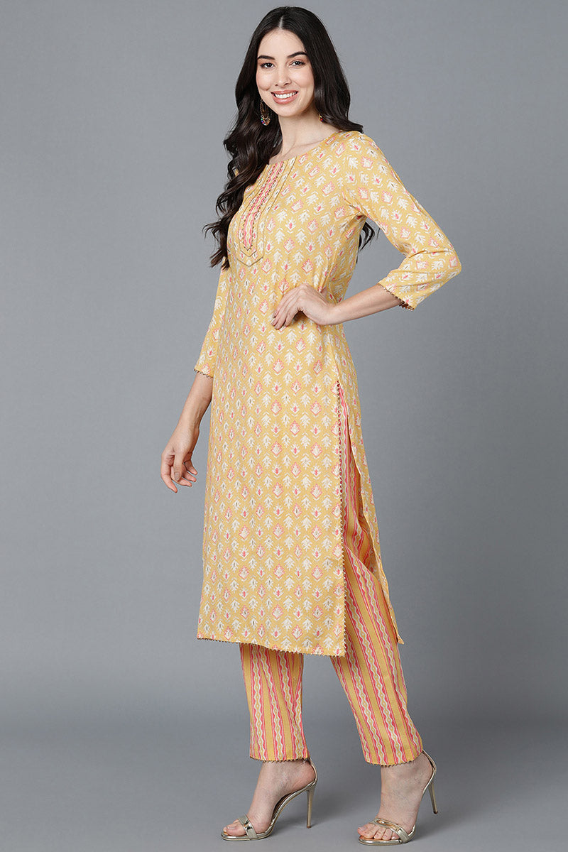 Ahika Women Yellow Cotton Printed Kurta Trousers With Dupatta