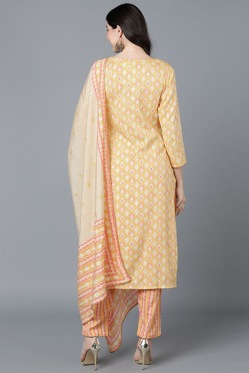 Ahika Women Yellow Cotton Printed Kurta Trousers With Dupatta