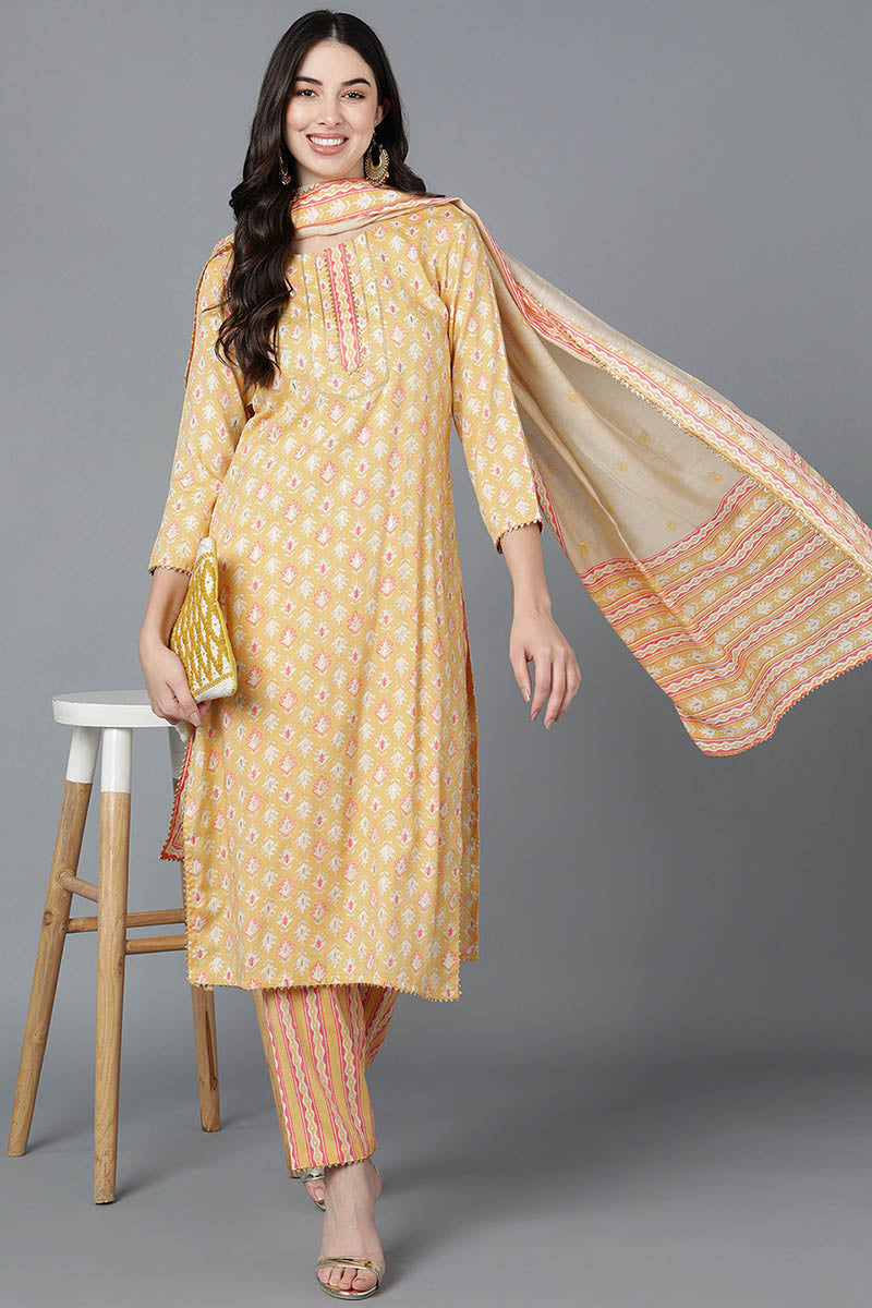 Ahika Women Yellow Cotton Printed Kurta Trousers With Dupatta