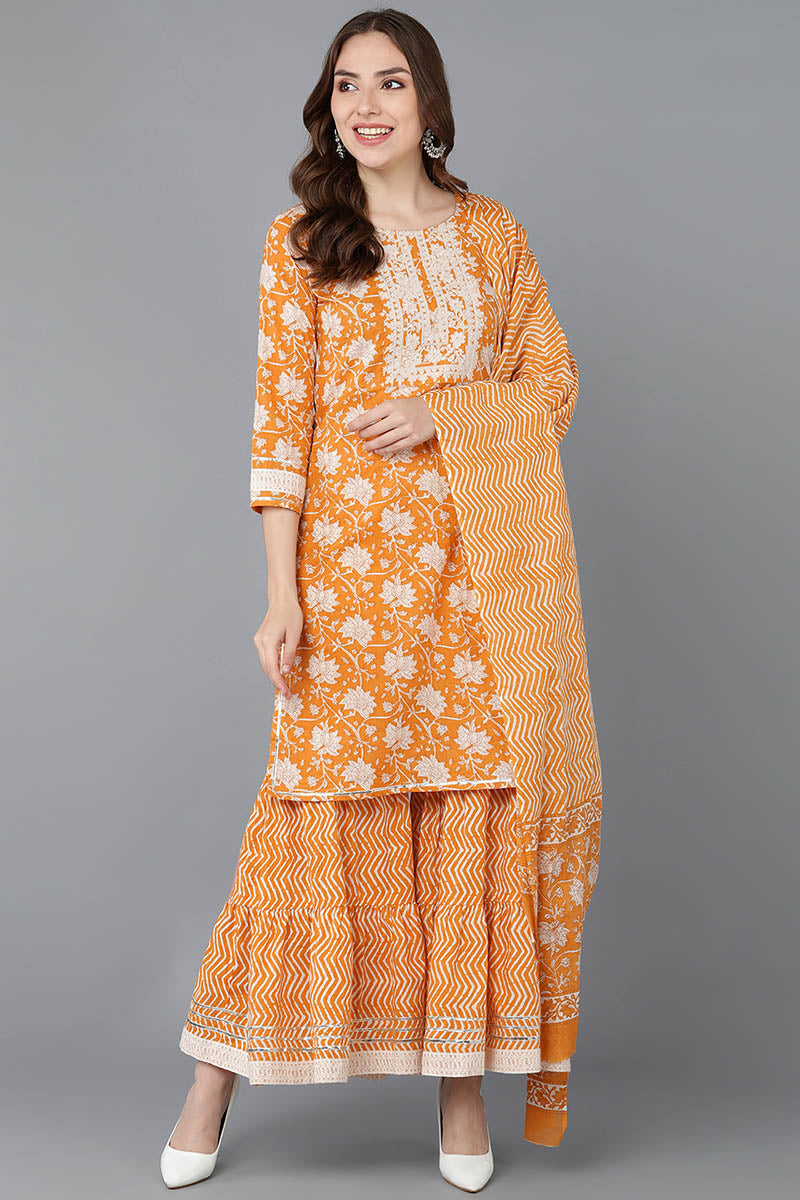 Orange Cotton Straight Kurta Sharara With Dupatta VKSKD1472