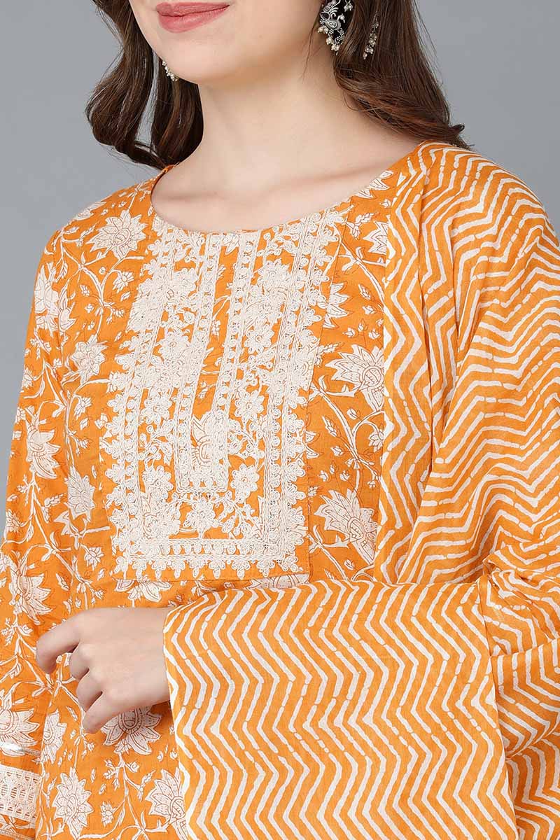 Orange Cotton Straight Kurta Sharara With Dupatta VKSKD1472