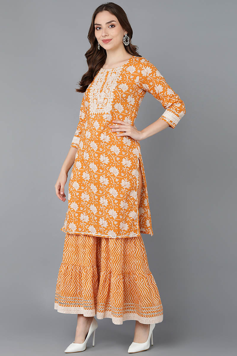 Orange Cotton Straight Kurta Sharara With Dupatta VKSKD1472