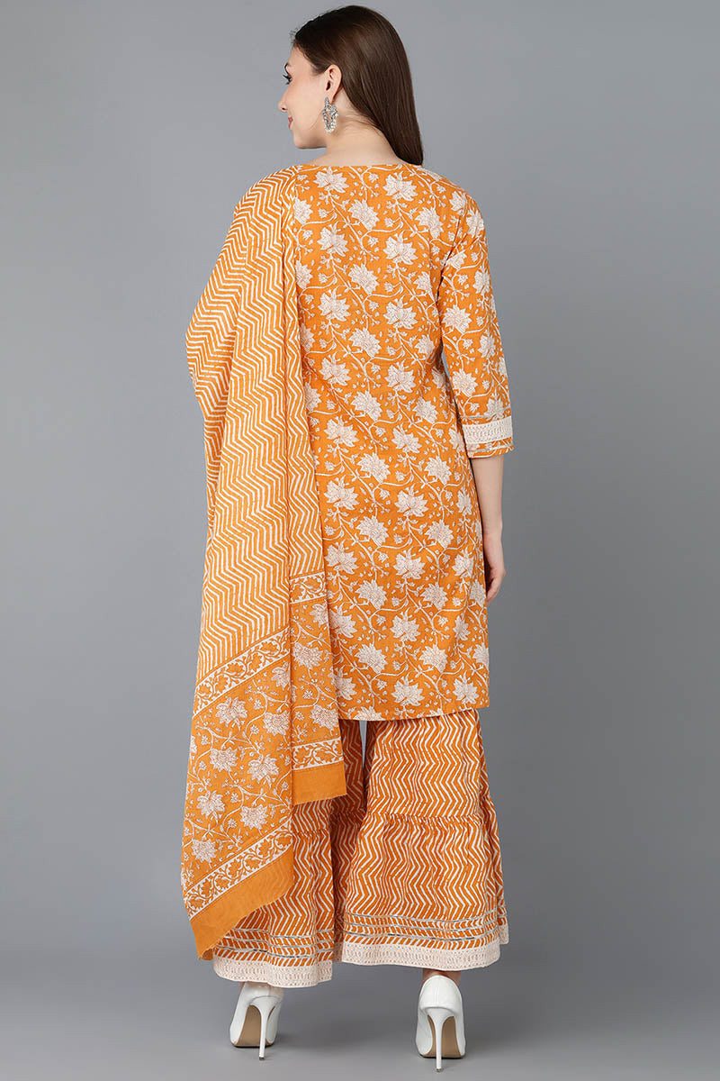 Ahika Women Orange Pure Cotton Kurta Sharara With Dupatta