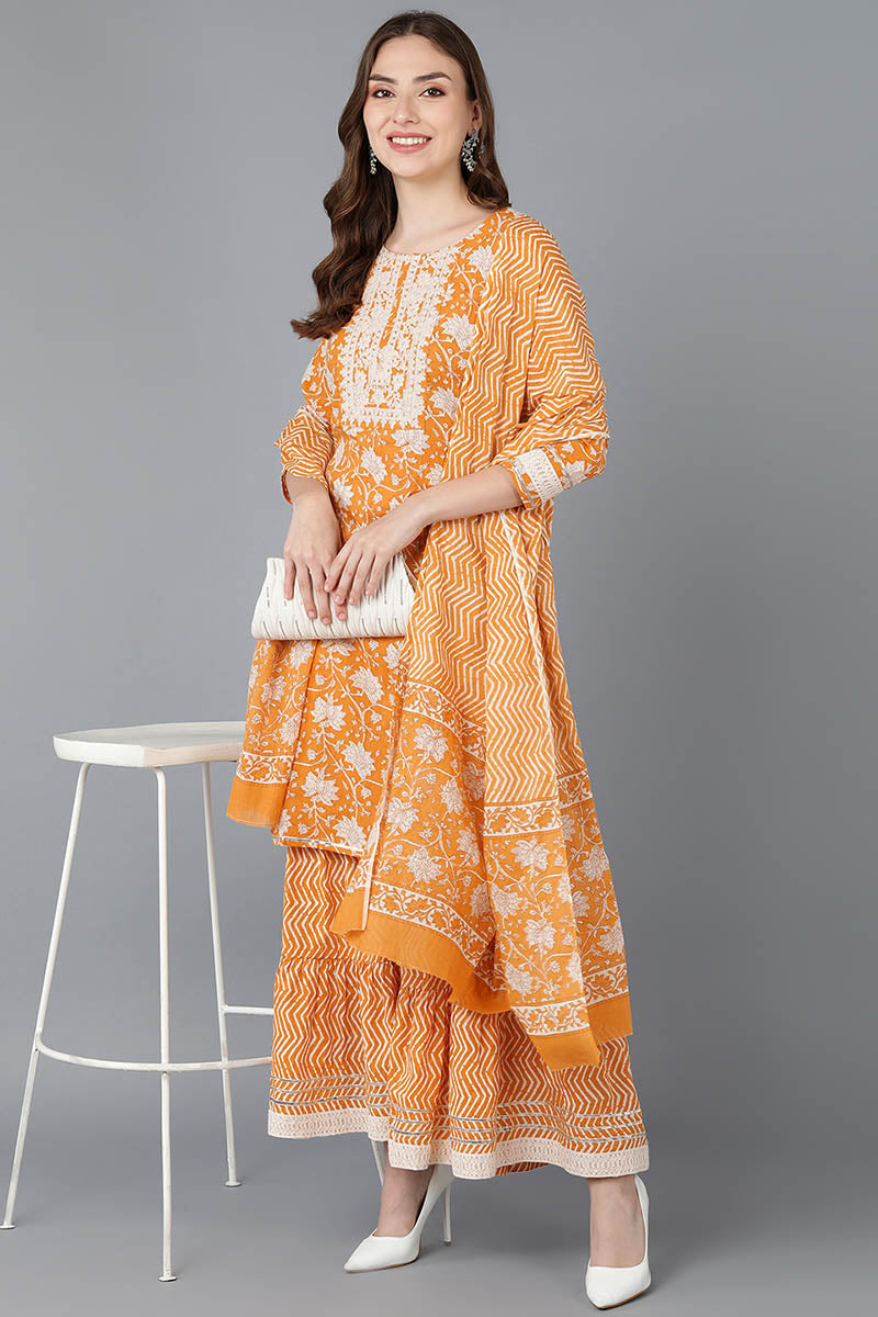 Orange Cotton Straight Kurta Sharara With Dupatta VKSKD1472