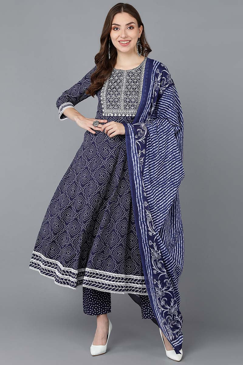 Ahika Women Navy Blue Rayon Blend Kurta Trousers With Dupatta VKSKD1478