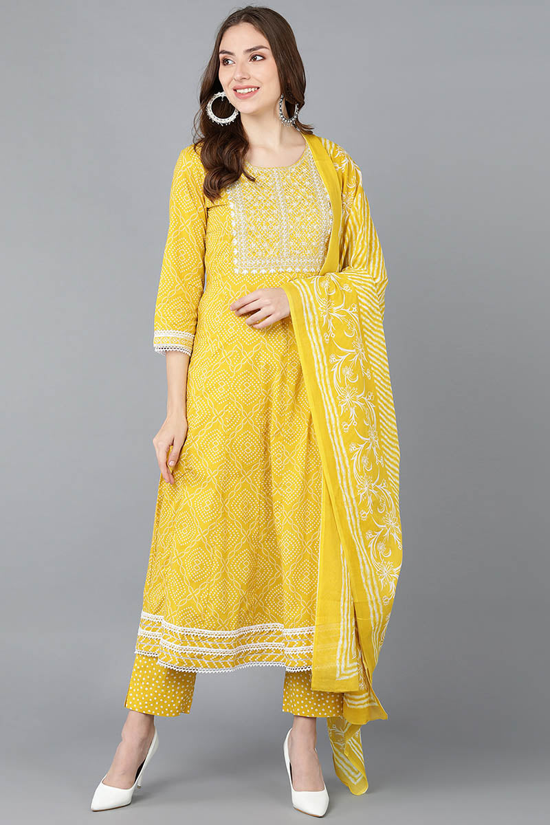 Ahika Women Yellow Rayon Blend Kurta Trousers With Dupatta VKSKD1479