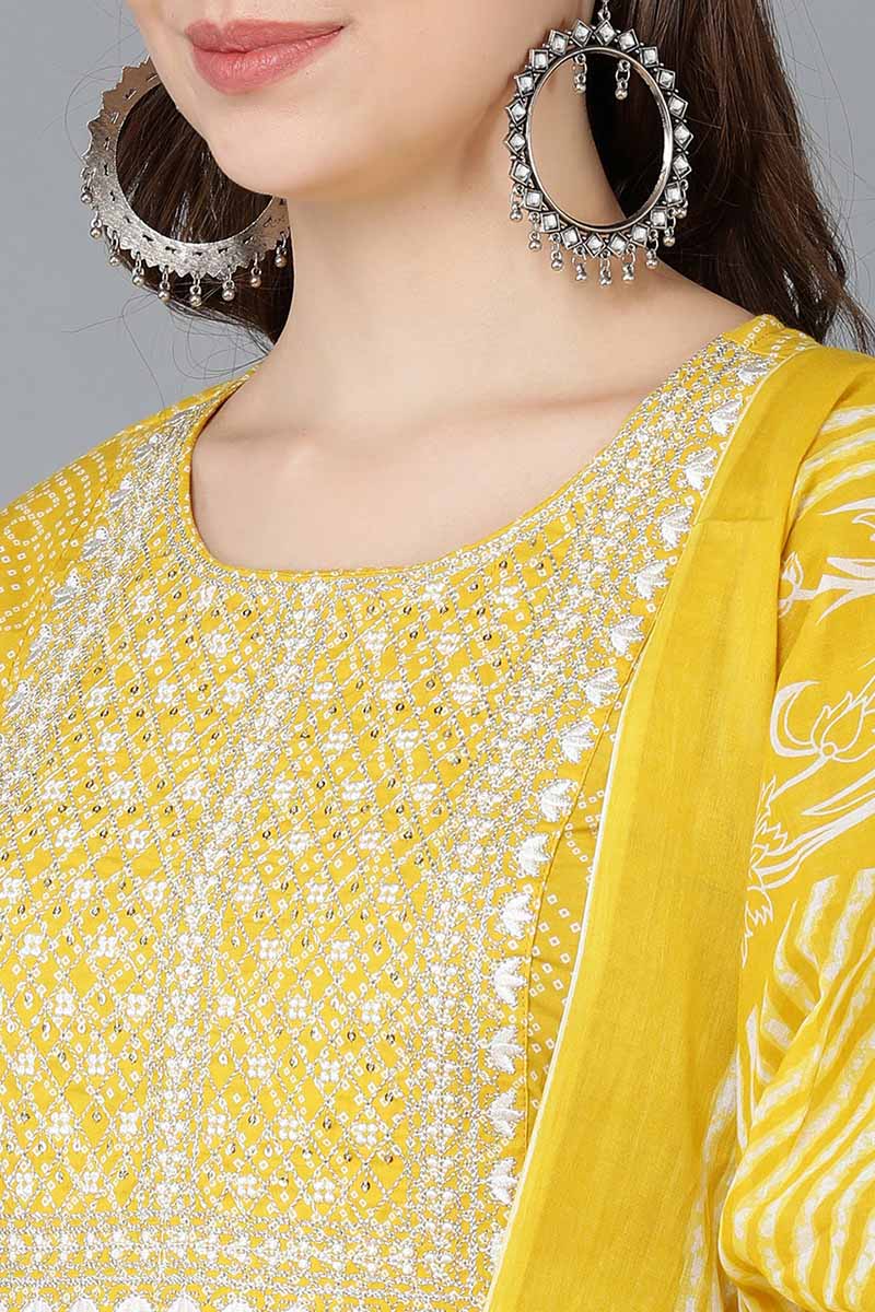 Ahika Women Yellow Rayon Blend Kurta Trousers With Dupatta VKSKD1479