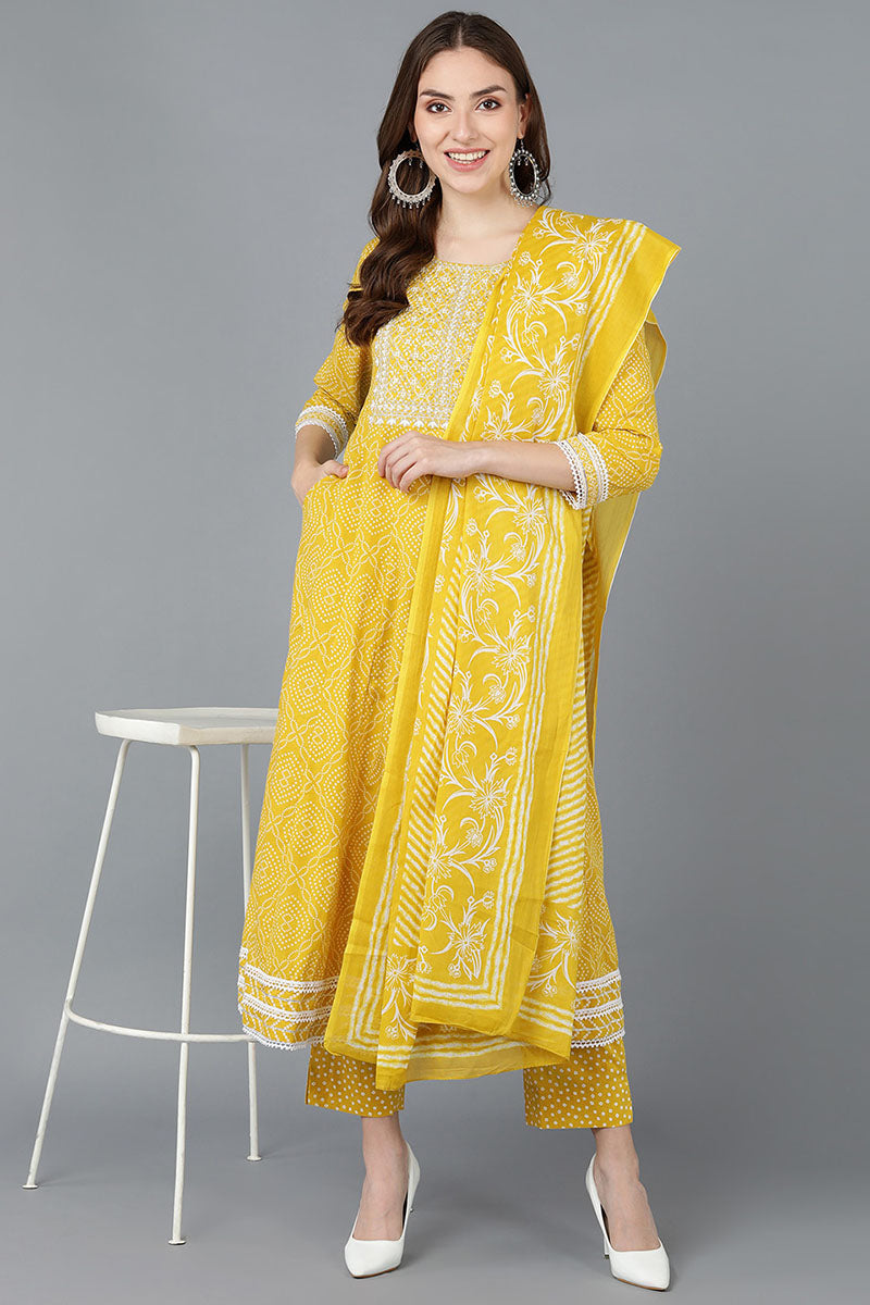 Ahika Women Yellow Rayon Blend Kurta Trousers With Dupatta VKSKD1479