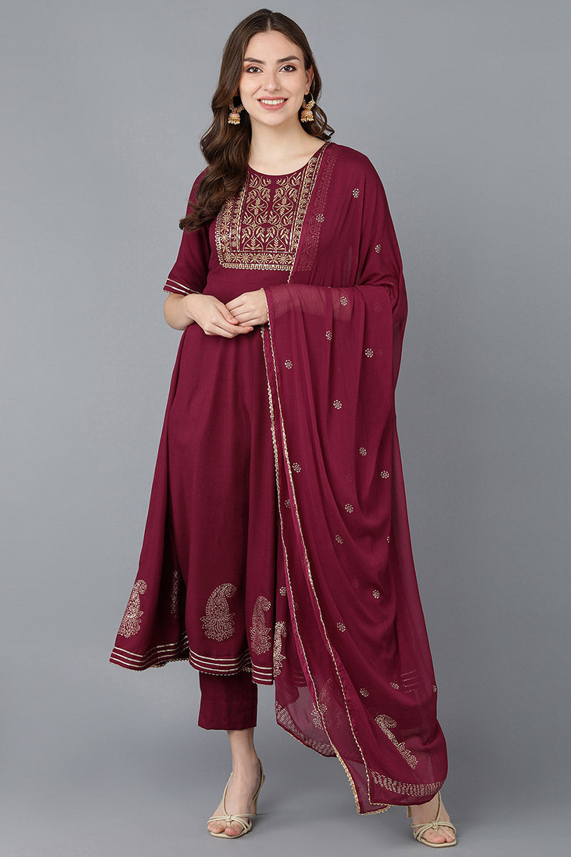 Ahika Women Burgundy Pure Cotton Kurta Trousers With Dupatta