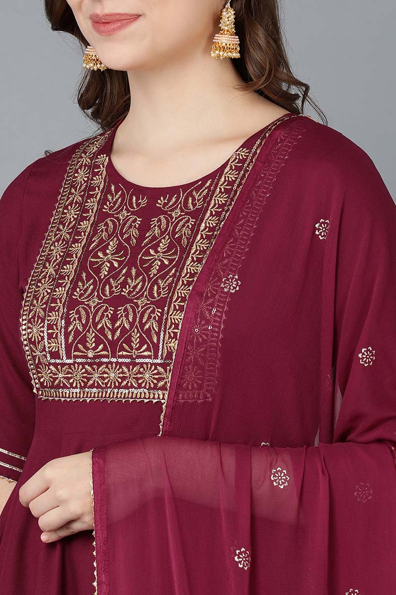 Ahika Women Burgundy Pure Cotton Kurta Trousers With Dupatta