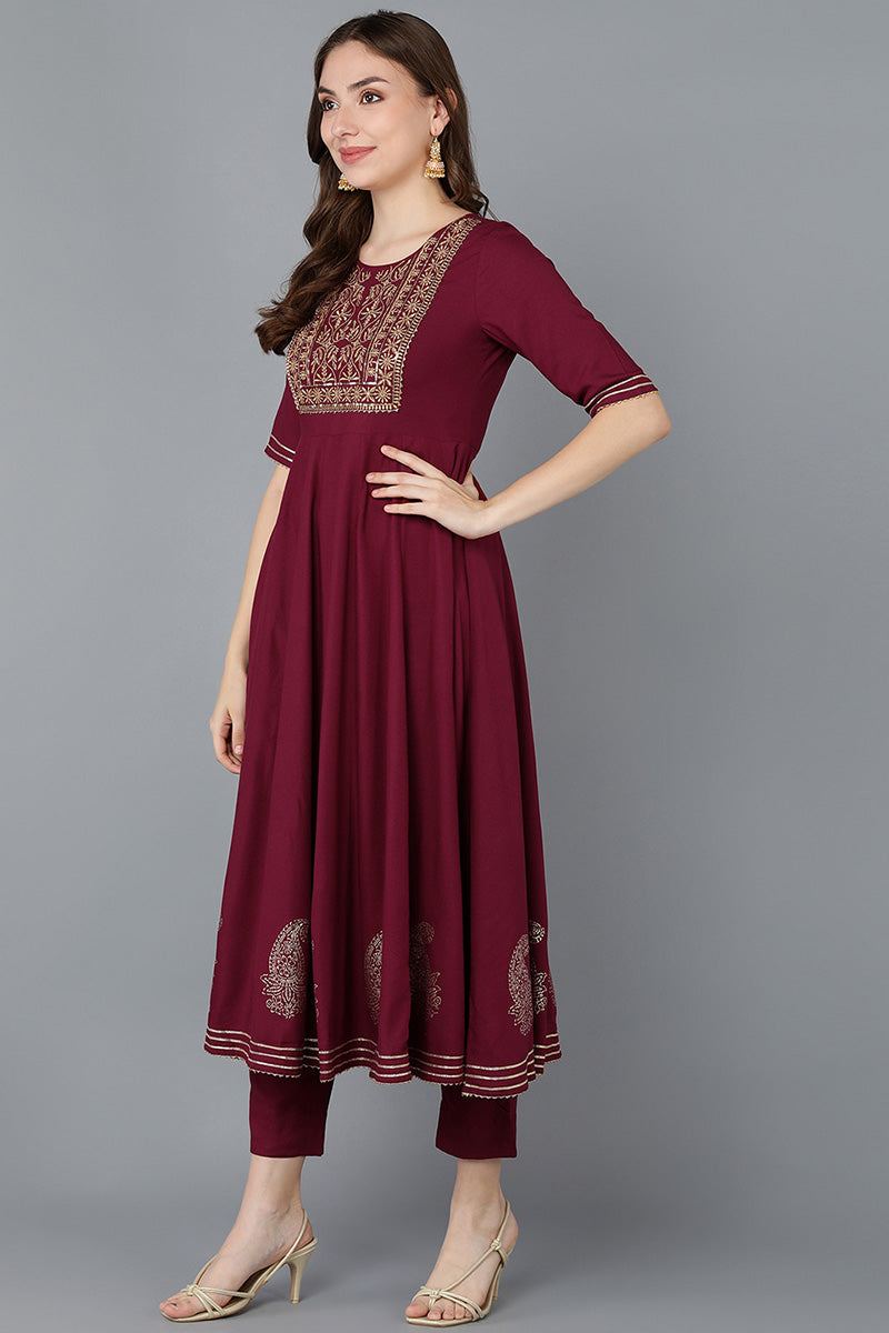 Ahika Women Burgundy Pure Cotton Kurta Trousers With Dupatta