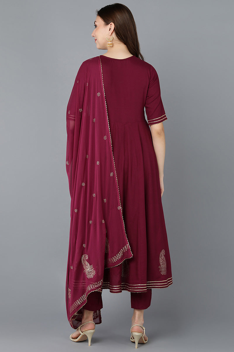 Ahika Women Burgundy Pure Cotton Kurta Trousers With Dupatta