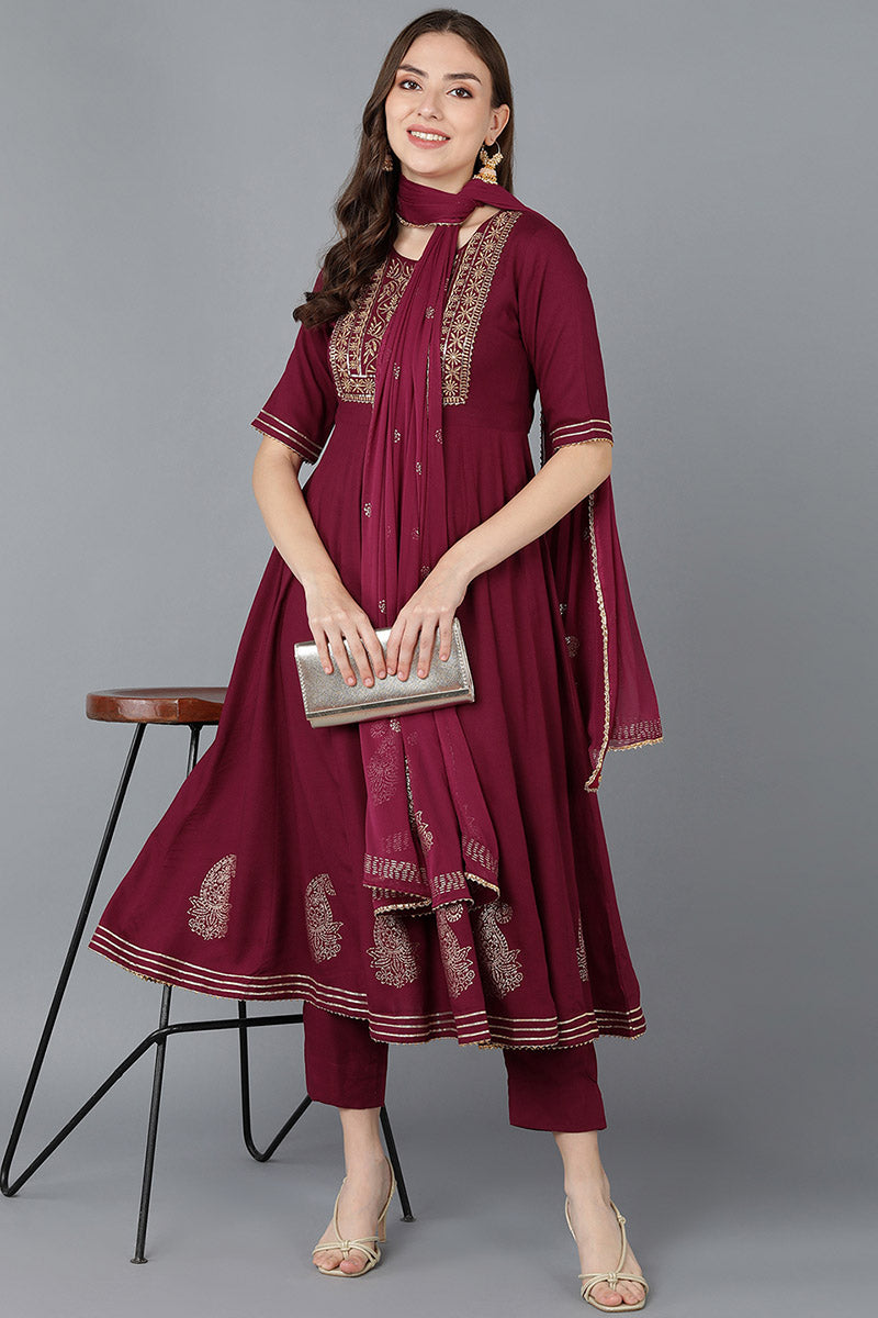 Ahika Women Burgundy Pure Cotton Kurta Trousers With Dupatta