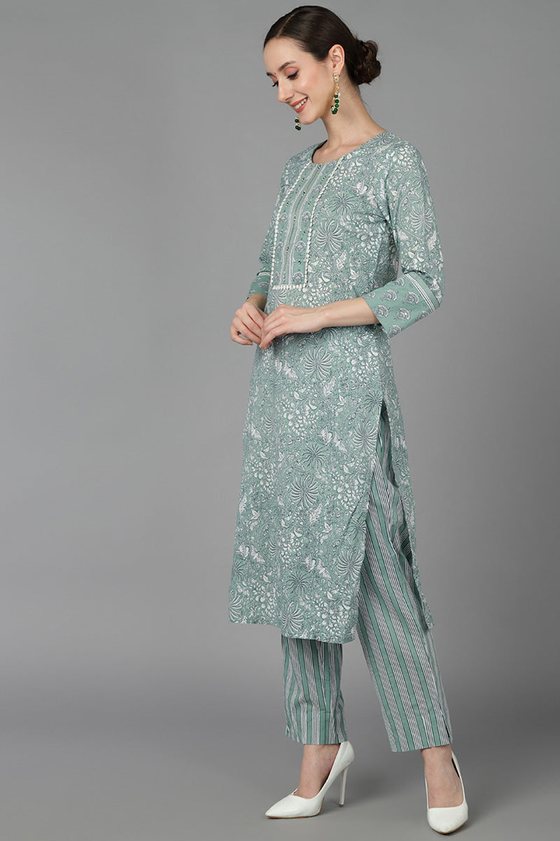 Ahika Women Green Pure Cotton Printed Kurta Trousers With Dupatta