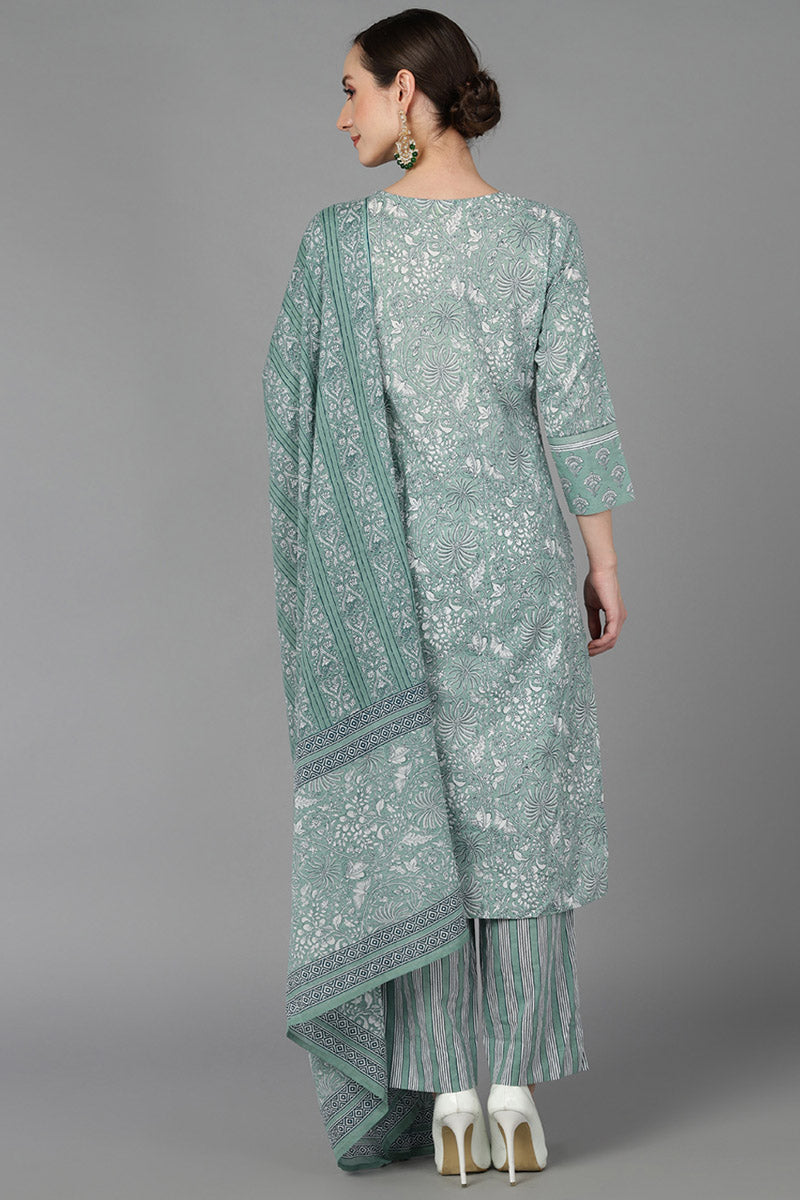 Ahika Women Green Pure Cotton Printed Kurta Trousers With Dupatta