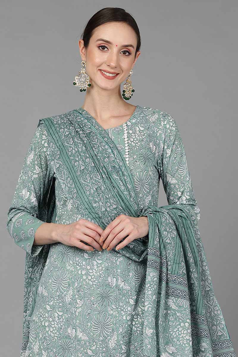 Ahika Women Green Pure Cotton Printed Kurta Trousers With Dupatta