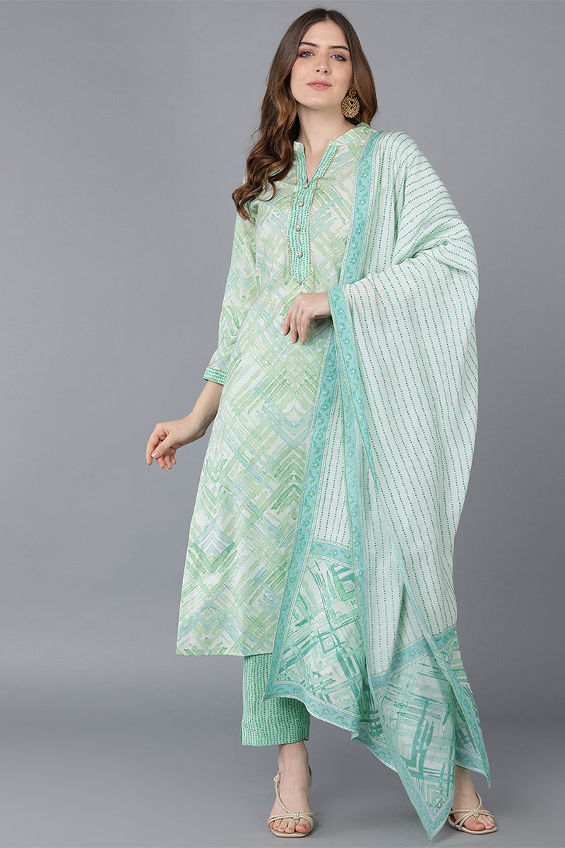 Ahika Women Sea Green Poly Silk Kurta Trousers With Dupatta