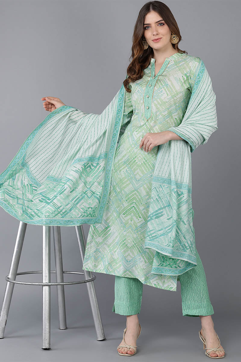 Ahika Women Sea Green Poly Silk Kurta Trousers With Dupatta