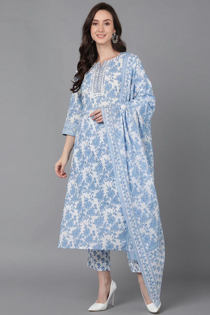 White Cotton Straight Kurta Pant With Dupatta VKSKD1629