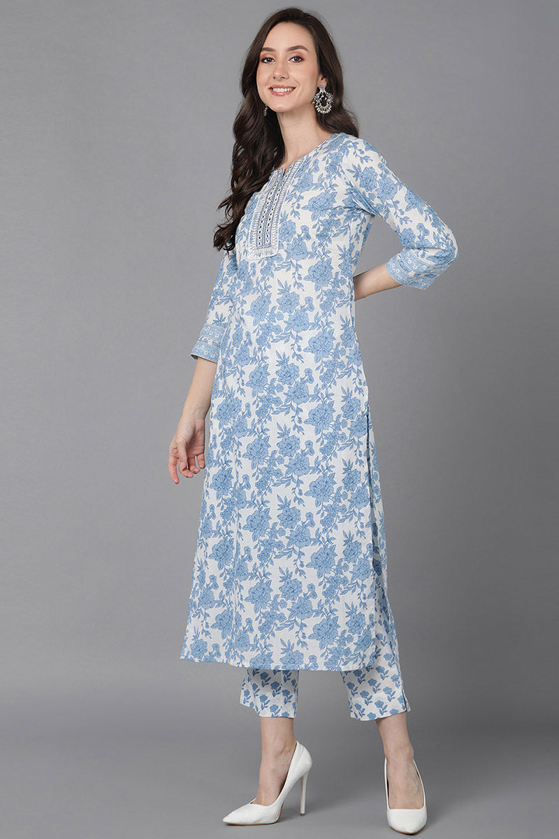 White Cotton Straight Kurta Pant With Dupatta VKSKD1629