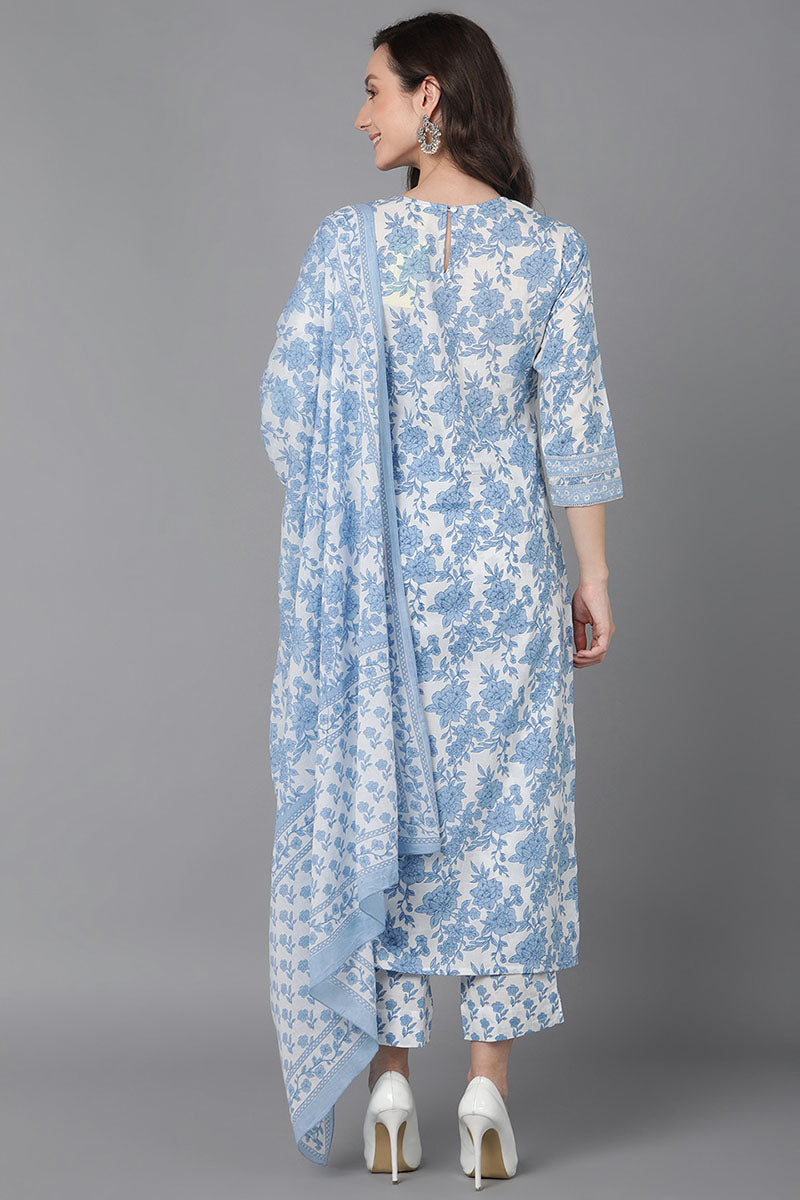 White Cotton Straight Kurta Pant With Dupatta VKSKD1629