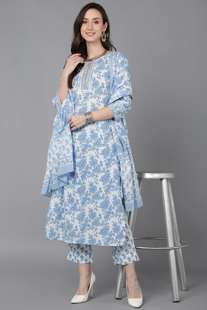 White Cotton Straight Kurta Pant With Dupatta VKSKD1629
