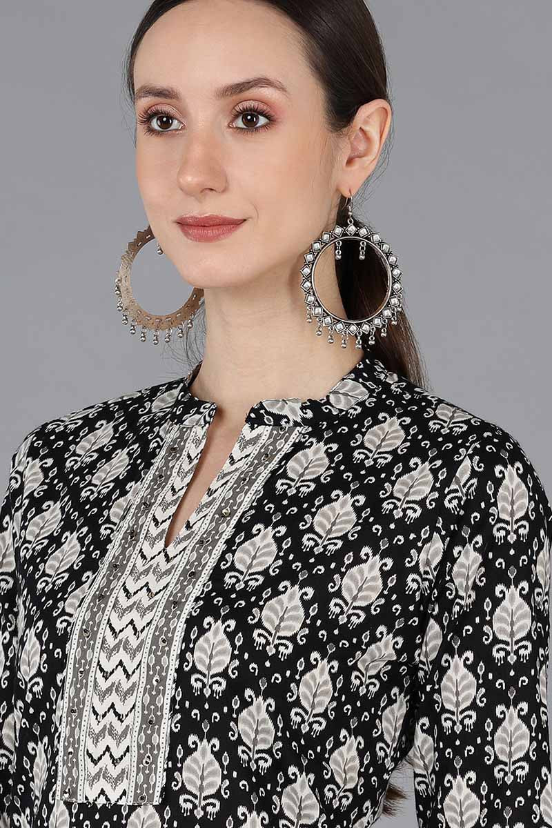 Black Rayon Blend Ethnic Motifs Straight Suit Set VKSKD1673