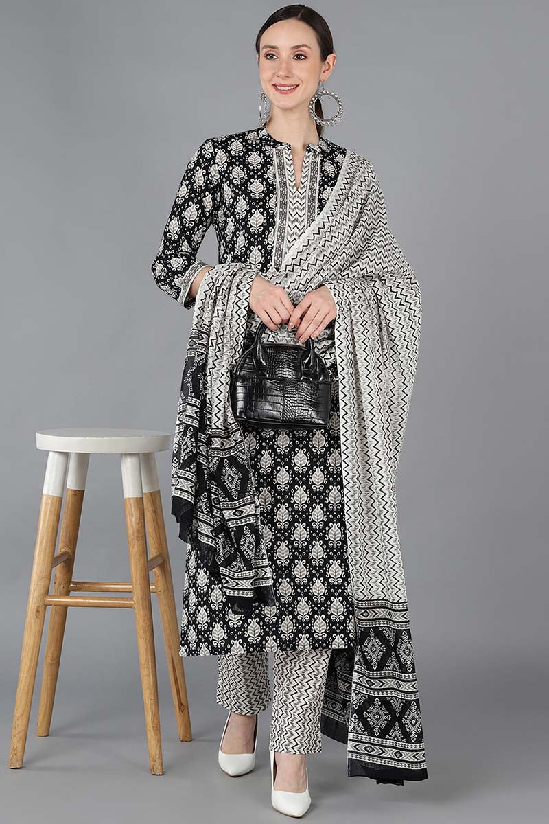 Black Rayon Blend Ethnic Motifs Straight Suit Set VKSKD1673