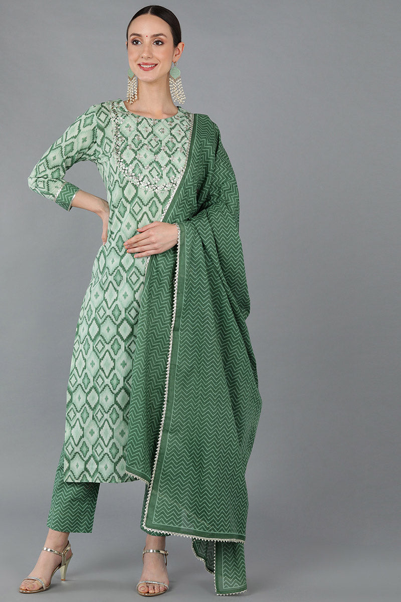 Green Pure Cotton Gotta Patti Straight Suit Set VKSKD1681