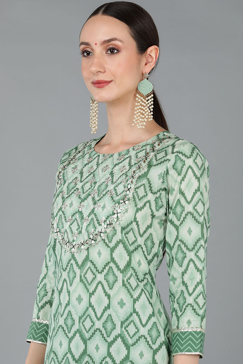 Green Pure Cotton Gotta Patti Straight Suit Set VKSKD1681