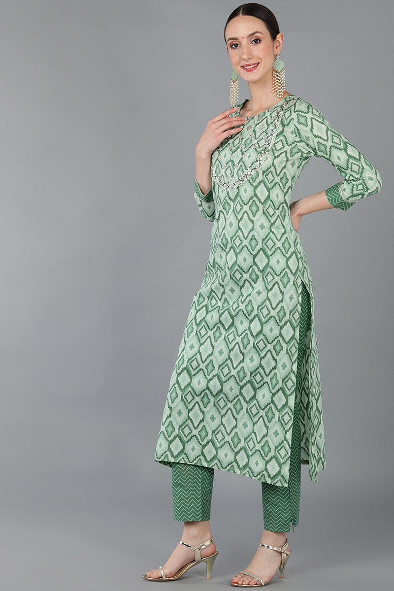 Green Pure Cotton Gotta Patti Straight Suit Set VKSKD1681