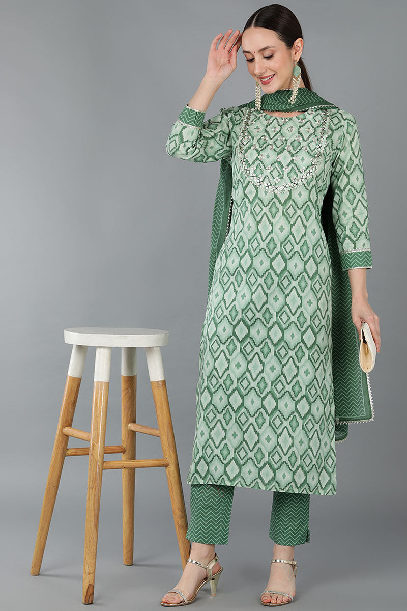 Green Pure Cotton Gotta Patti Straight Suit Set VKSKD1681