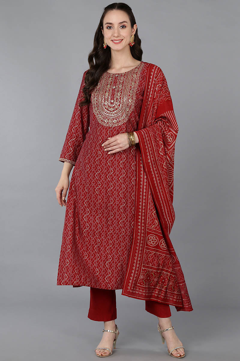 Red Silk Blend Bandhani Print Embroidered Straight Suit Set VKSKD1683
