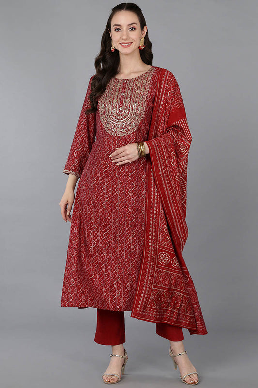 Red Silk Blend Bandhani Print Embroidered Straight Suit Set VKSKD1683