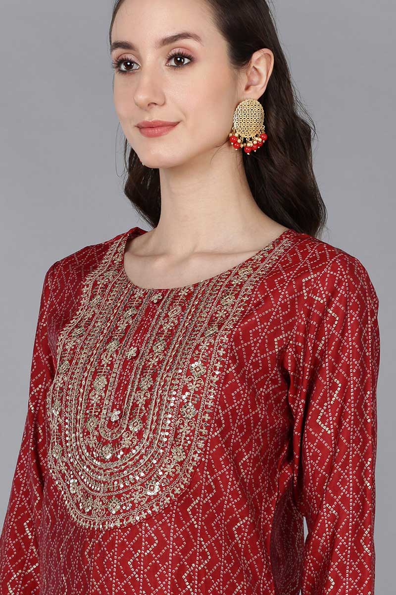 Red Silk Blend Bandhani Print Embroidered Straight Suit Set VKSKD1683