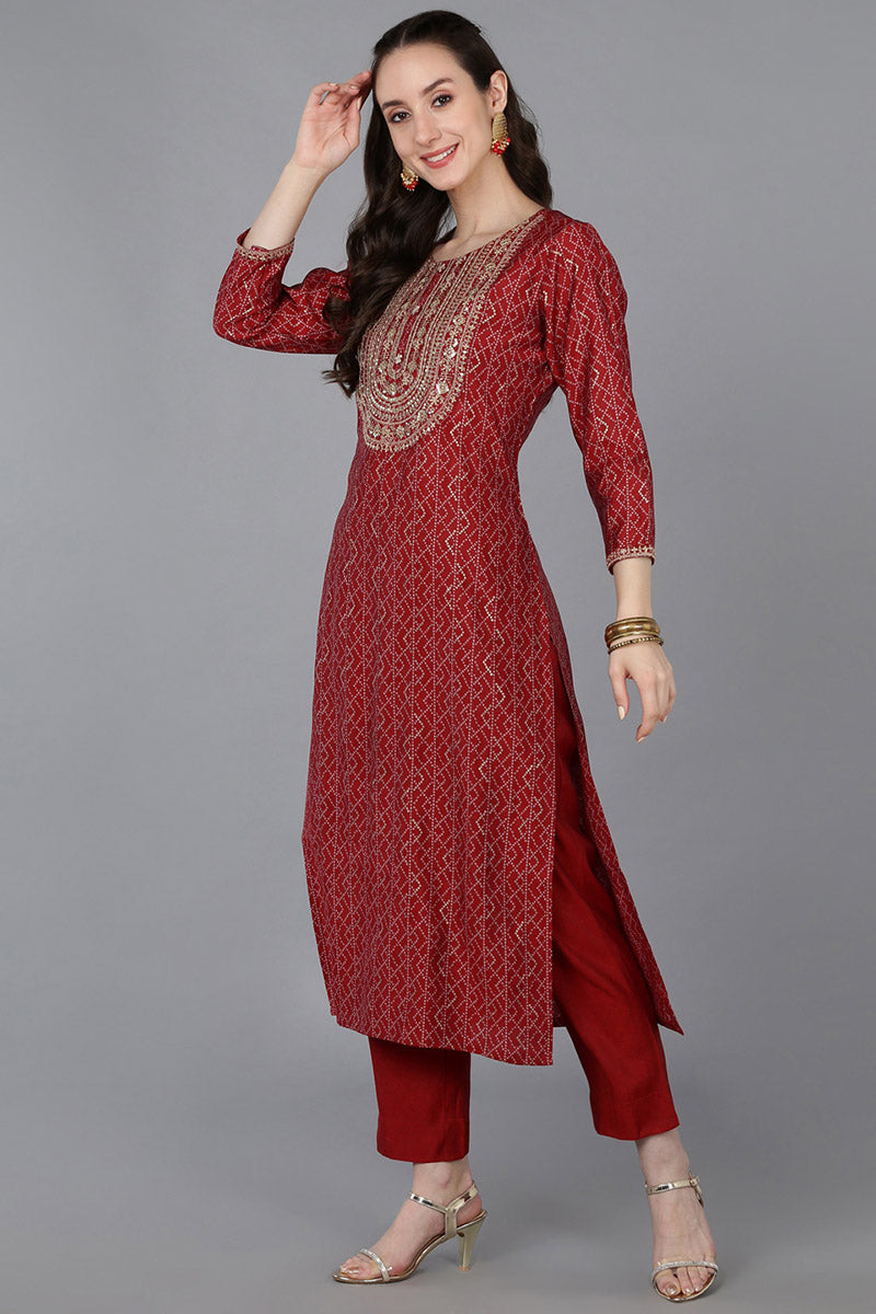 Red Silk Blend Bandhani Print Embroidered Straight Suit Set VKSKD1683