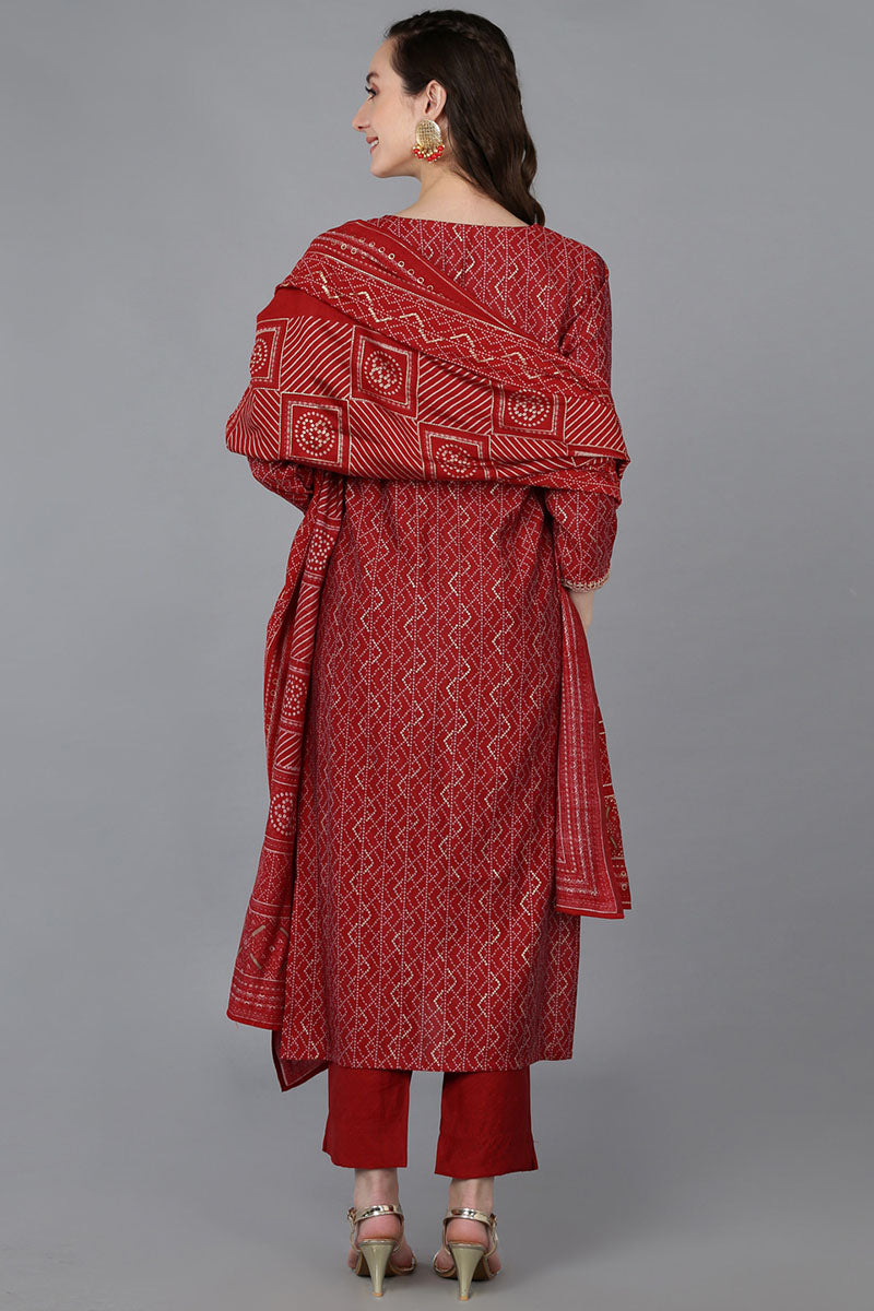 Red Silk Blend Bandhani Print Embroidered Straight Suit Set VKSKD1683