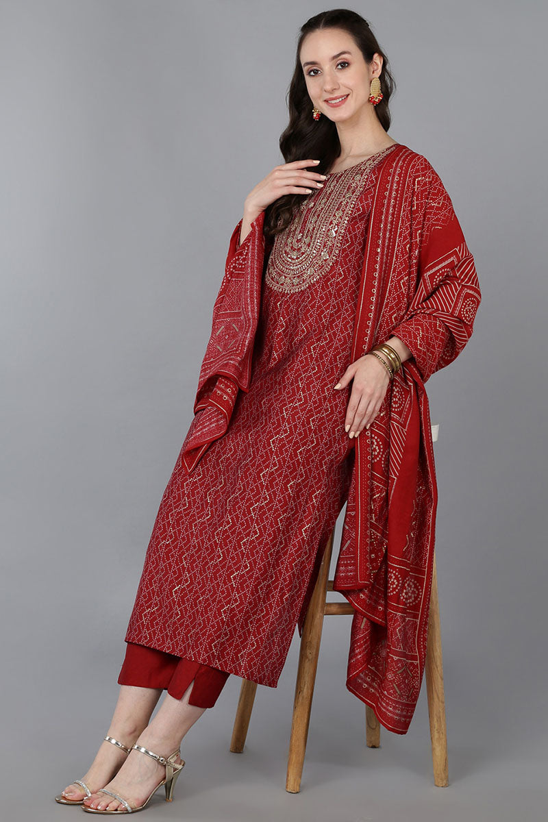 Red Silk Blend Bandhani Print Embroidered Straight Suit Set VKSKD1683