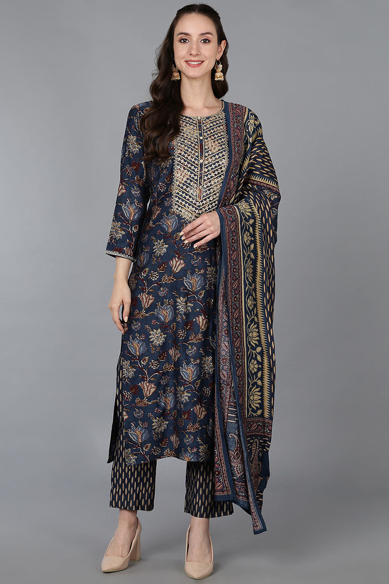 Blue Silk Blend Floral Straight Kurta Trousers With Dupatta