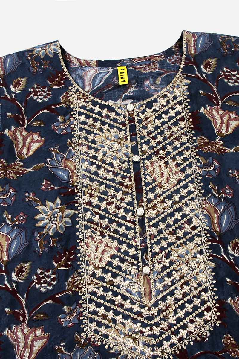 Blue Silk Blend Floral Straight Kurta Trousers With Dupatta