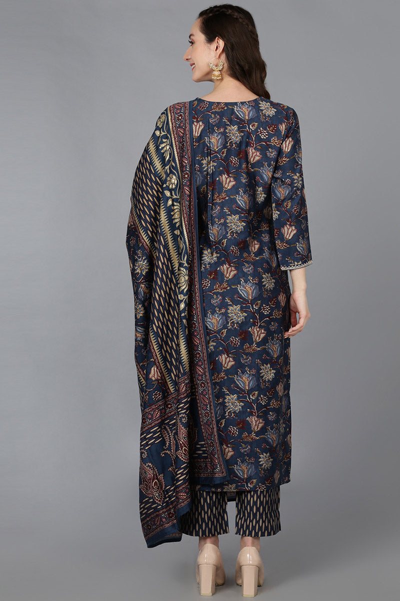Blue Silk Blend Floral Straight Kurta Trousers With Dupatta