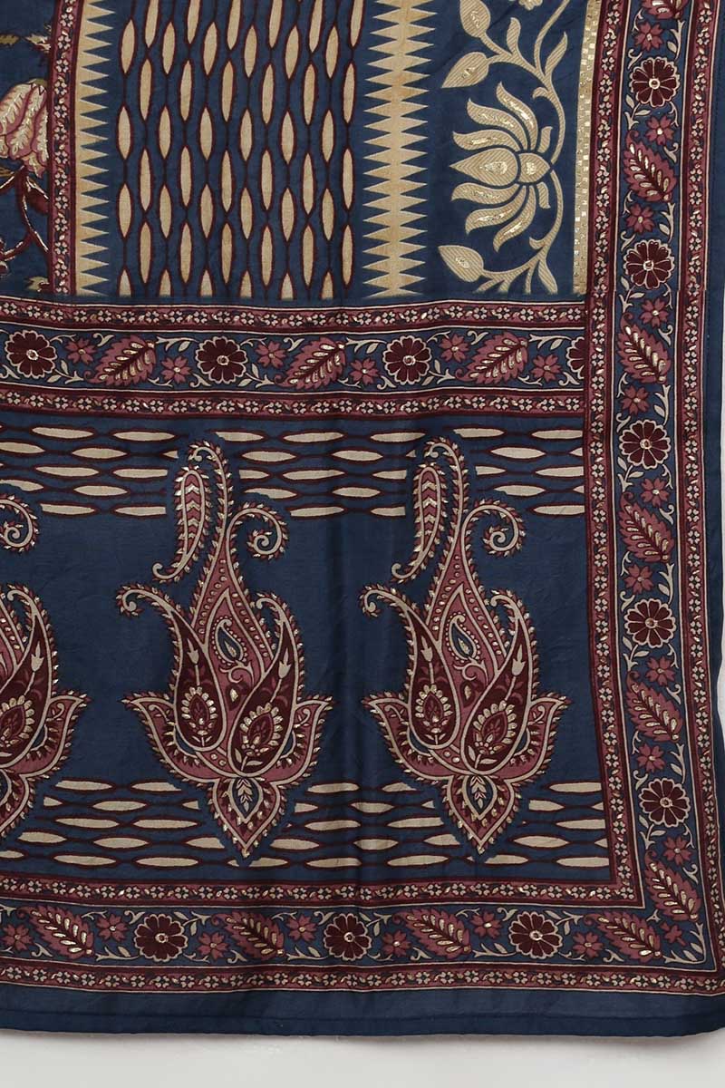 Blue Silk Blend Floral Straight Kurta Trousers With Dupatta
