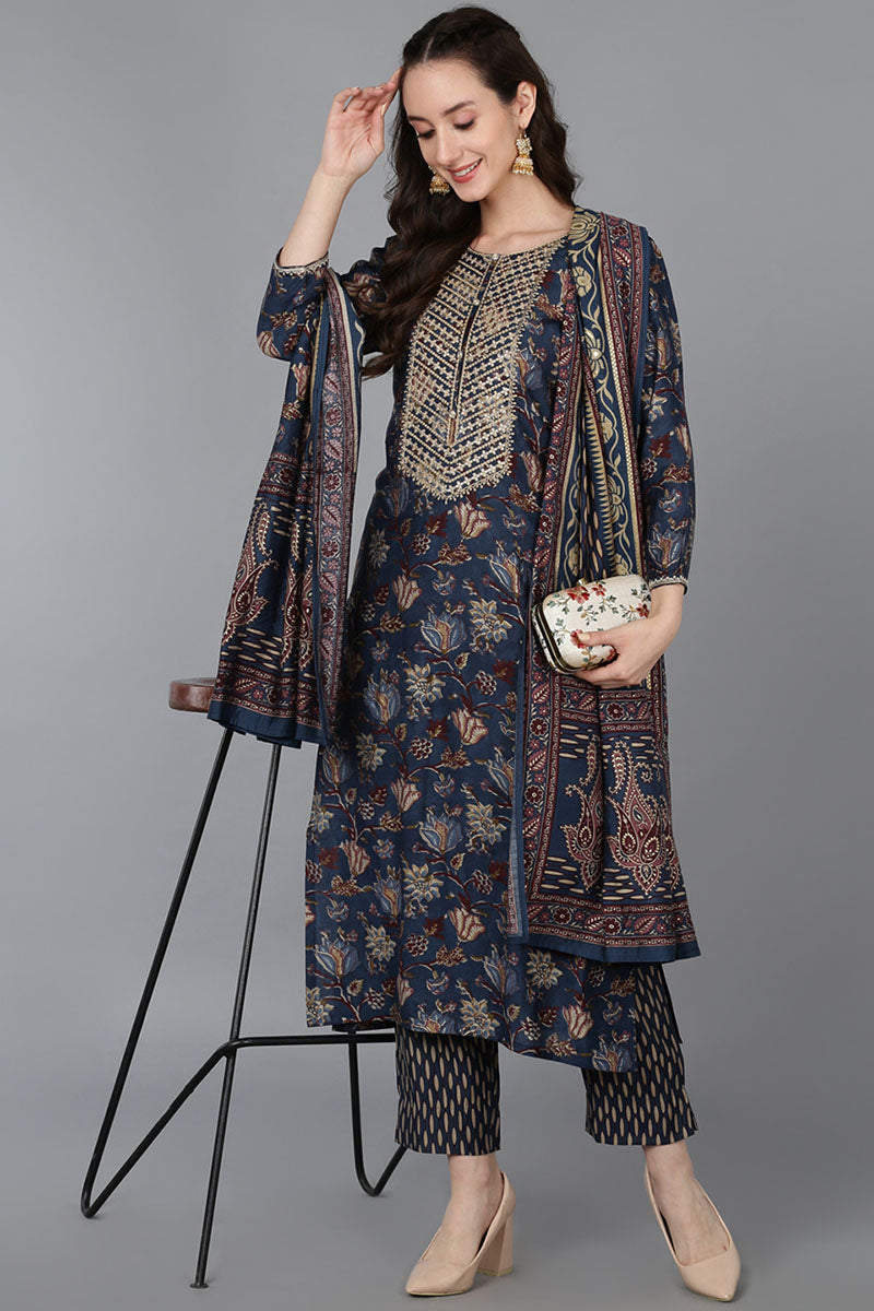 Blue Silk Blend Floral Straight Kurta Trousers With Dupatta