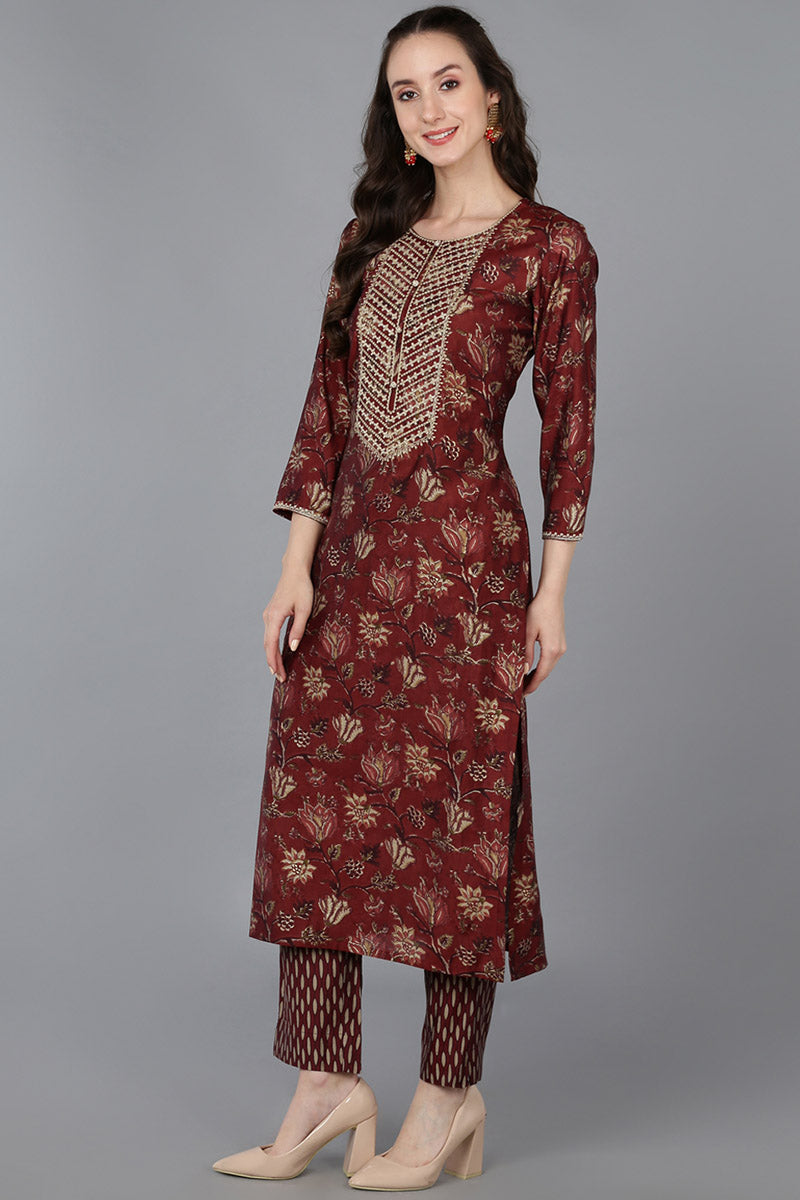 Maroon Silk Blend Floral Straight Kurta Trousers With Dupatta