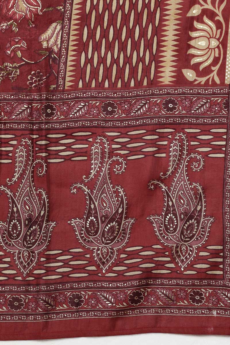 Maroon Silk Blend Floral Straight Kurta Trousers With Dupatta