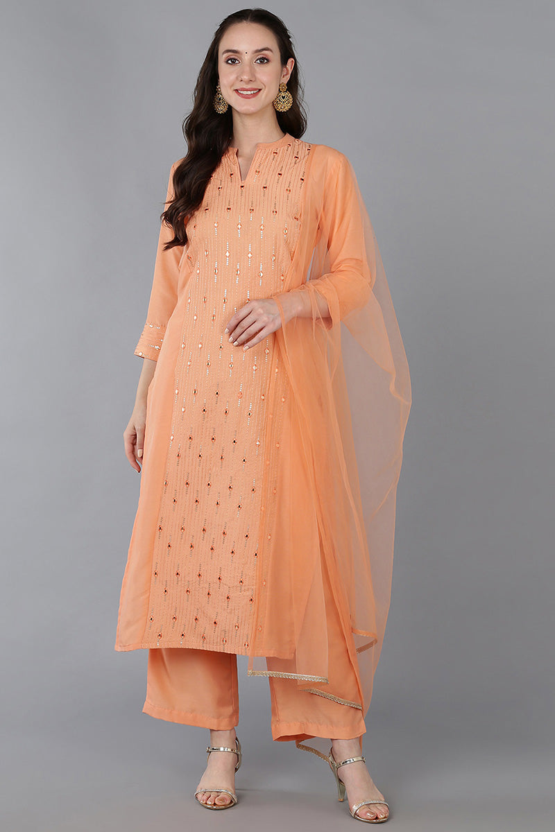Peach Silk Blend Solid Straight Suit Set VKSKD1692