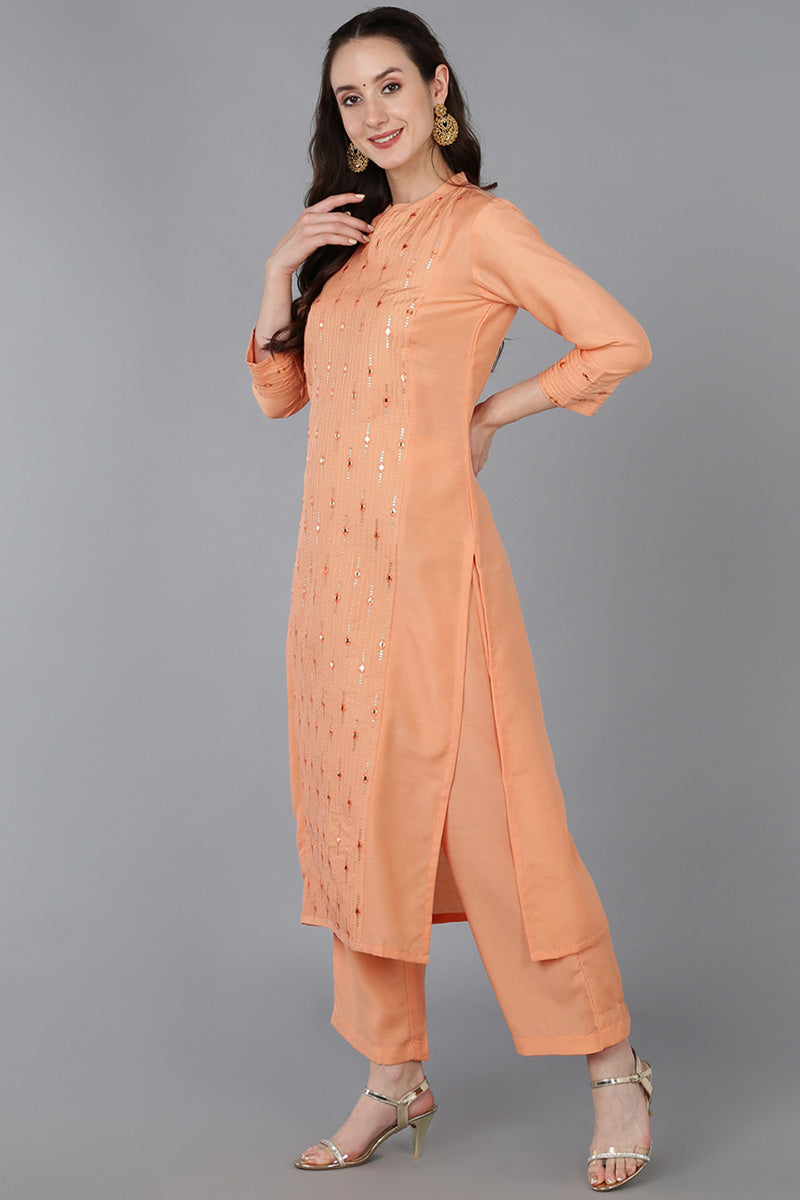 Peach Silk Blend Solid Straight Suit Set VKSKD1692