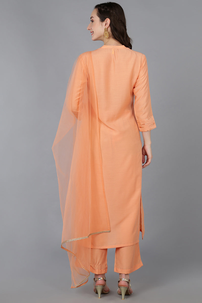 Peach Silk Blend Solid Straight Suit Set VKSKD1692